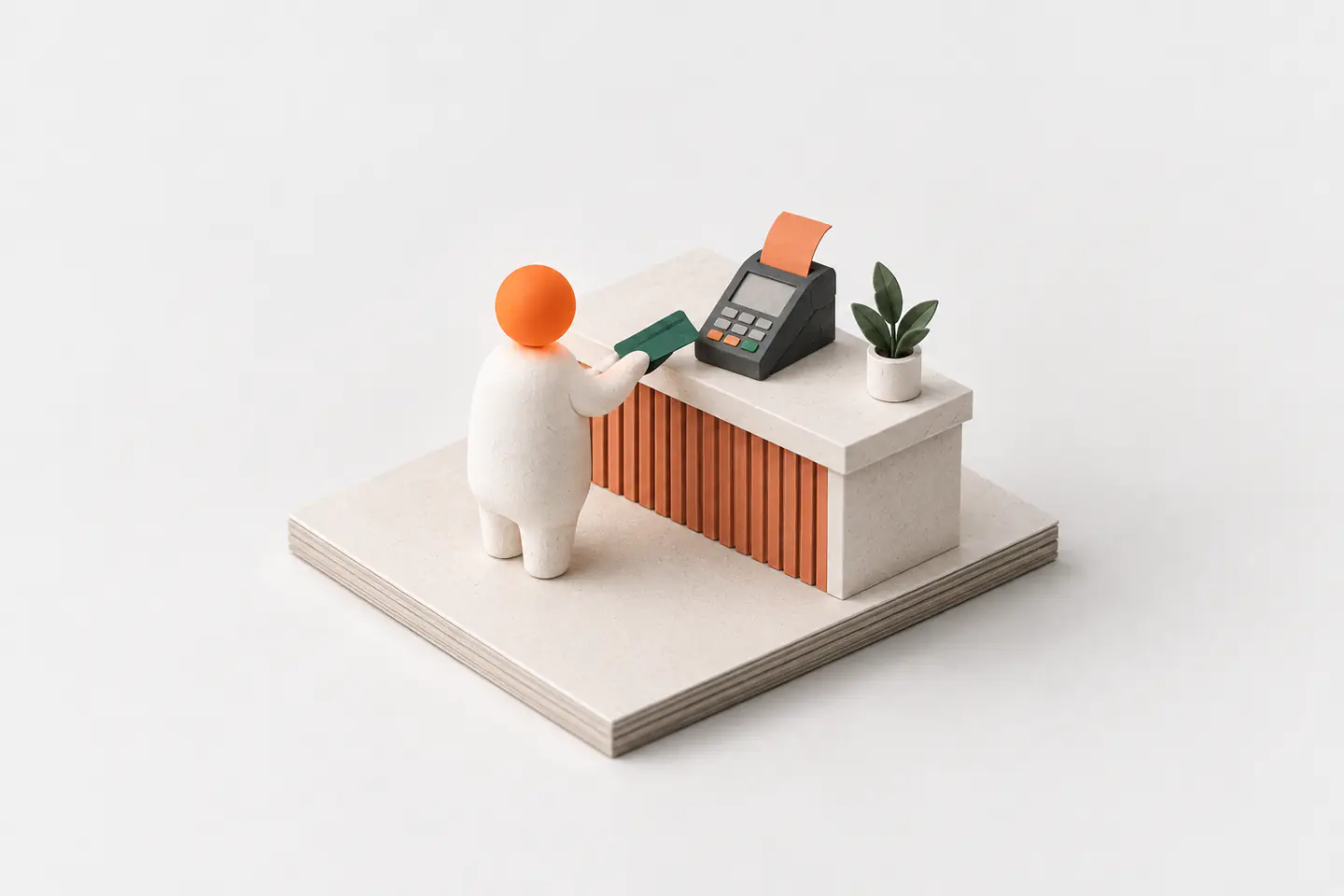 An agent figure holds out a green card to a terminal on a café counter, a receipt comes out